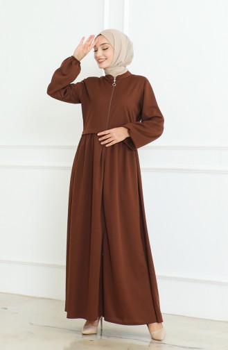 Abaya A Fermeture Et Manches Elastiques 8022-04 Marron 8022-04