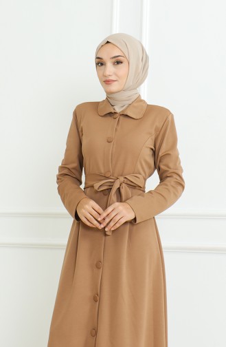 Buttoned Belted Abaya 8024-05 Beige 8024-05