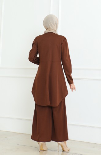 Asymmetrical Cut Tunic Trousers Two Piece Suit 8021-02 Brown 8021-02