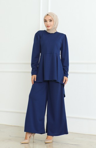 Asymmetrical Cut Tunic Trousers Two Piece Suit 8021-05 Navy Blue 8021-05