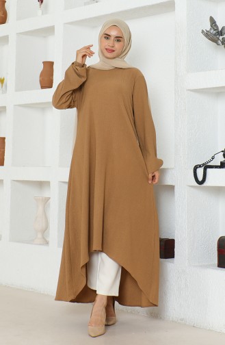 Crepe Fabric Asymmetric Cut Long Tunic 1034-03 Milk Coffee 1034-03