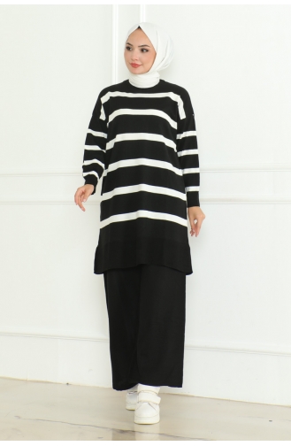 Striped Knitwear Hijab Suit 153-05 Black 153-05