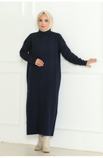 Textured Knitted Hijab Dress 252-04 Navy Blue 252-04