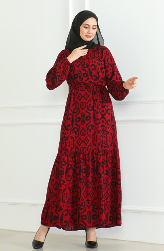 Patterned Belted Viscose Dress 0469-08 Claret Red 0469-08