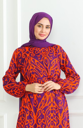 Patterned Belted Viscose Dress 0495-01 Purple Brick 0495-01