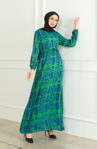 Patterned Belted Viscose Dress 0499-01 Green 0499-01