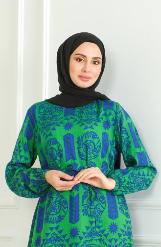 Patterned Belted Viscose Dress 0499-01 Green 0499-01