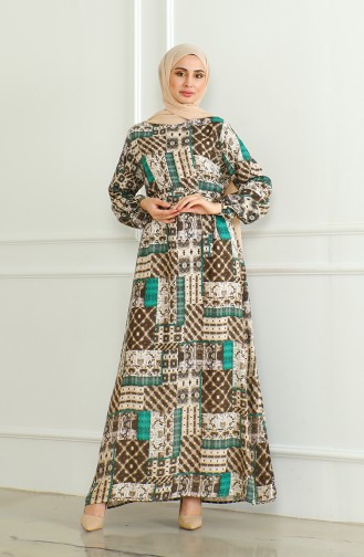 Patterned Belted Viscose Dress 0502-04 Brown Green 0502-04