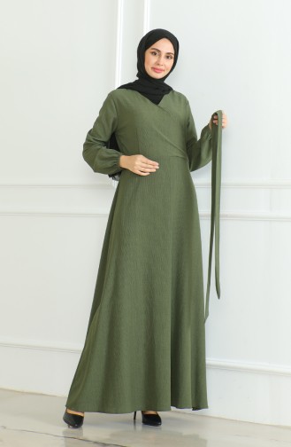 Kleid Aus Bürümcük-Stoff Mit Seitlichem Bindeband 1033-01 Khaki 1033-01