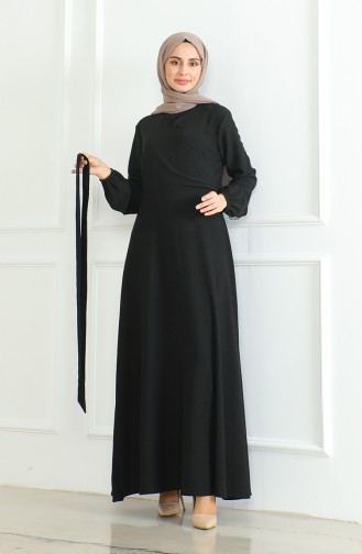 Bürümcük Stoffkleid Mit Seitlicher Bindung 1033-02 Schwarz 1033-02