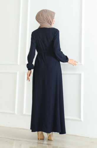 Kleid Aus Bürümcük-Stoff Mit Seitlichem Bindeband 1033-03 Marineblau 1033-03