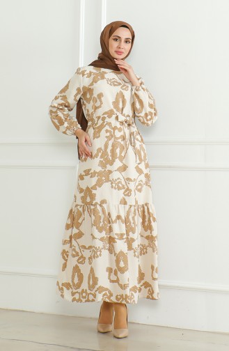 Robe Lin A Motifs Et Ceinture 0471D-04 Beige Café Lait 0471D-04