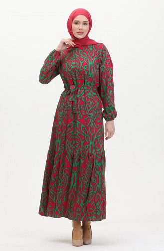 Patterned Belted Viscose Dress 0495A-01 Fuchsia Green 0495A-01