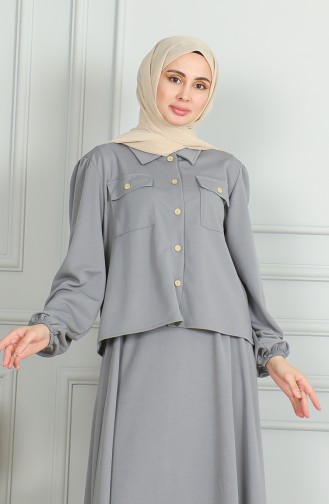 Pocket Buttoned Shirt Skirt Two Piece Suit 3032-06 Gray 3032-06