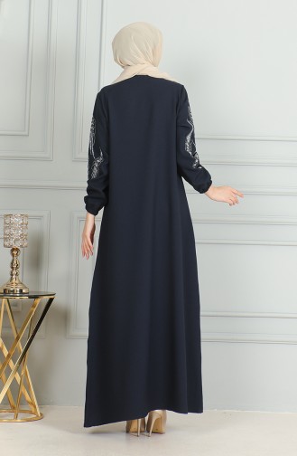 Elastic Sleeve Stone Evening Dress 0497-04 Navy Blue 0497-04