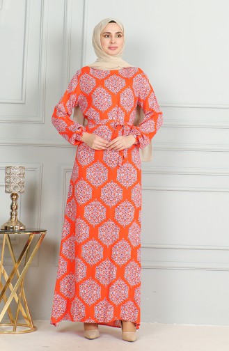 Patterned Belted Viscose Dress 0493-03 Orange Purple 0493-03