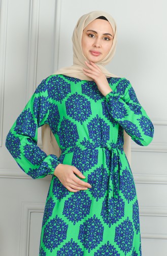 Patterned Belted Viscose Dress 0493-04 Emerald Green Saxe 0493-04