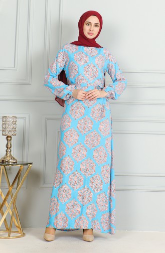 Patterned Belted Viscose Dress 0493-06 Turquoise Tile 0493-06