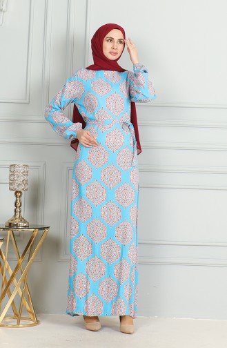 Patterned Belted Viscose Dress 0493-06 Turquoise Tile 0493-06