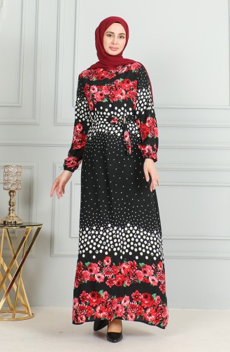 Robe Viscose à Motifs Et Manches élastiquées 0494-03 Noir 0494-03