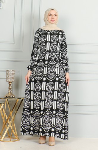 Patterned Belted Viscose Dress 0499-09 Black White 0499-09