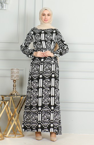 Patterned Belted Viscose Dress 0499-09 Black White 0499-09