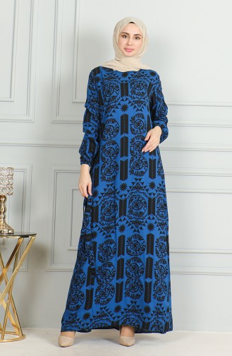 Patterned Belted Viscose Dress 0499-10 Saxe Black 0499-10