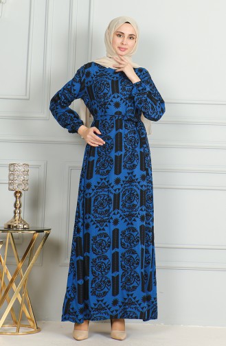 Patterned Belted Viscose Dress 0499-10 Saxe Black 0499-10