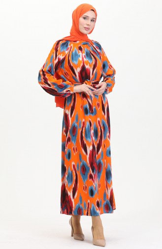 Patterned Belted Viscose Dress 0501A-01 İndigo Orange 0501A-01