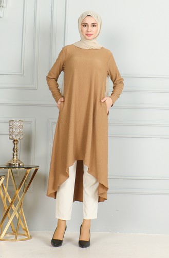 Bürümcük Kumaş Asimetrik Kesim Tunik 1032-03 Sütlü kahve