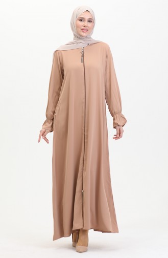 Elasticated Sleeve Zippered Abaya 0513-05 Milk Coffee 0513-05