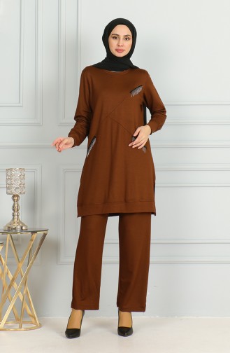 Ensemble Double Pantalon Tunique Détail Franges 20042-07 Tan 20042-07