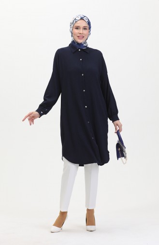 Buttoned Long Tunic 1046-04 Navy Blue 1046-04