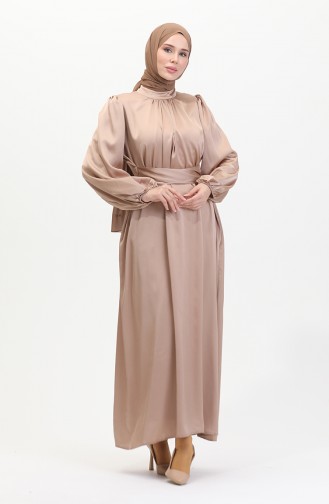 Pleated Satin Evening Dress 6372-09 Milky Coffee 6372-09