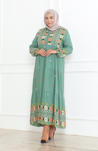 Plus Size Patterned Buttoned Viscose Dress 5070-02 Almond Green 5070-02