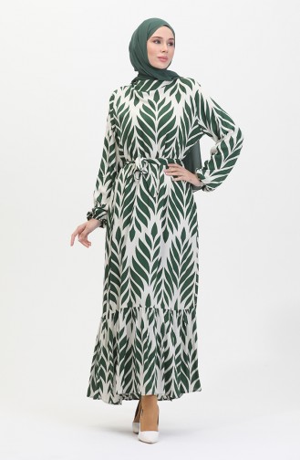 Leaf Pattern Belted Viscose Dress 0452-04 Green Cream 0452-04