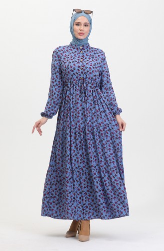 Daisy Patterned Shirred Viscose Dress 0423a-02 İndigo 0423A-02