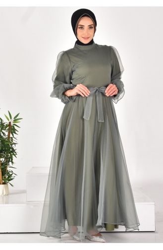 4384 Dalya Fabric Belted Modest Evening Dress 4384-01 Almond Green 4384-01