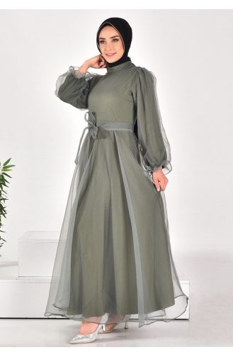 4384 Dalya Fabric Belted Modest Evening Dress 4384-01 Almond Green 4384-01