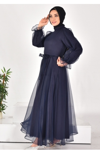 4384 Dalya Fabric Belted Hijab Evening Dress 4384-02 Navy Blue 4384-02