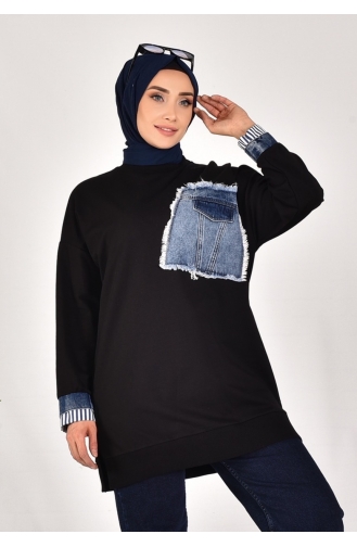 Puane Iki Iplik Kumaş Kot Kumaş Garnili Sweatshirt 10566-01 Siyah