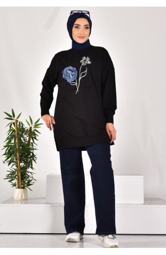 Spitzen-Sweatshirt Aus Zweifädigem Stoff Mit Stickerei Und Blumenmuster 10575-02 Schwarz 10575-02