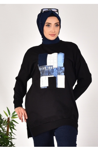 Puane İki İplik Kumaş Önü Kumaş Garnili Sweatshirt 10582-01 Siyah