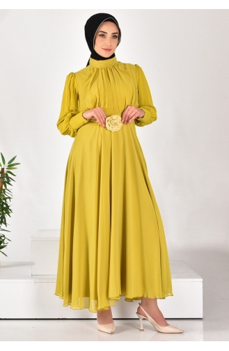 Puane Chiffon Fabric Pleated Hijab Dress 12520-03 Oil Green 12520-03