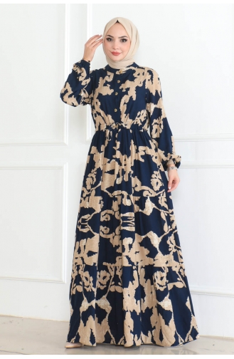 Mina Patterned Dress 7120-03 Navy Blue 7120-03