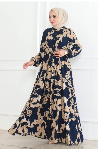 Mina Patterned Dress 7120-03 Navy Blue 7120-03