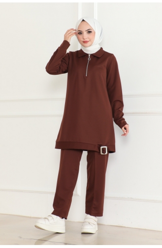 Costume Détaillé Avec Boucle à Fermeture Éclair Et Voile 109-03 Marron 109-03