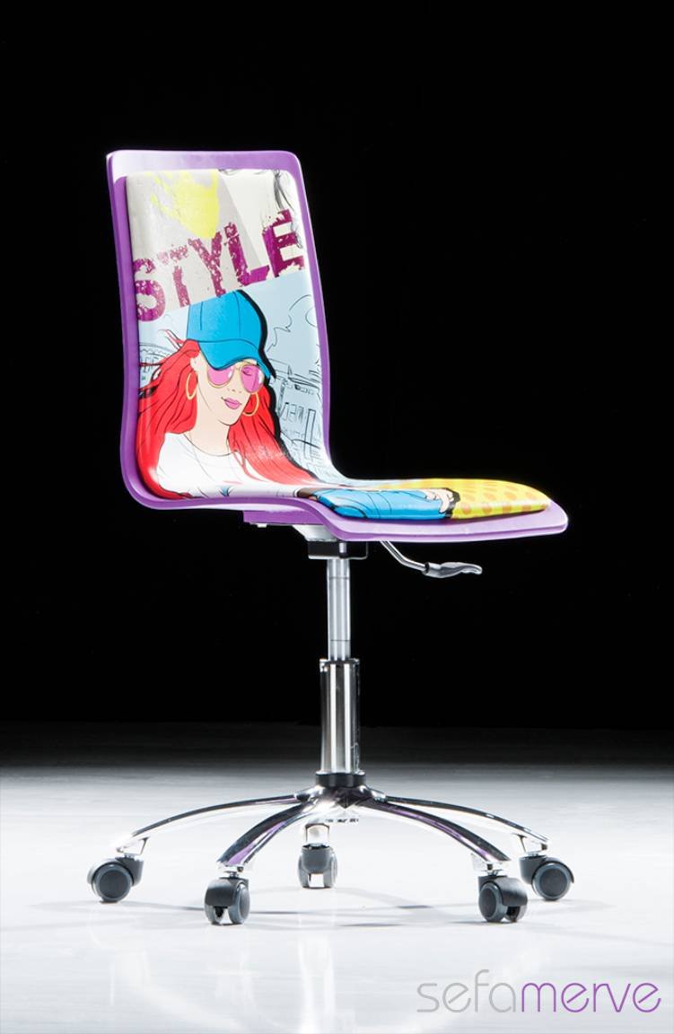 Handy Mate Pop Art Çalışma Sandalyesi Genç Kız Baskı-Krom Ayak | Sefamerve