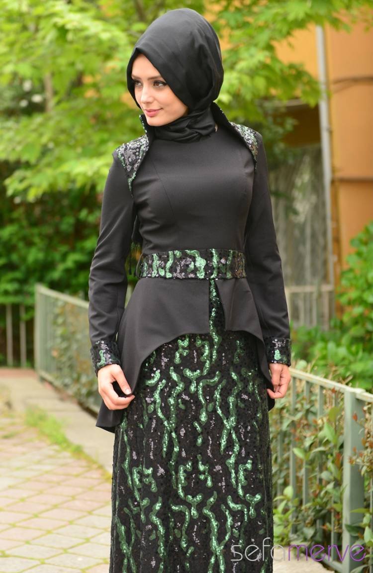 Sefamerve Abiye Elbiseler PDY 4181-02 Siyah Yeşil | Sefamerve