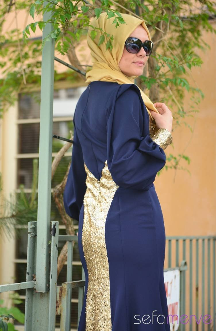 Sefamerve Tesettür Abiye Elbiseler PDY 4722-04 Lacivert Sarı | Sefamerve